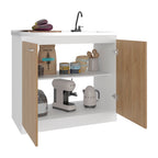 Salento Freestanding Sink, Double Door Cabinet, Two Shelves, White / Natural Oak