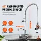 Commercial Faucet with Pre-Rinse Sprayer, 44' Height, 8' Center, 12' Swing Spout, Wall Mount Kitchen Sink Faucet, Brass Constructed Device with Pull Down Spray, for 1/2/3 Compartment Sink
