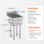 Stainless Steel Prep & Utility Sink, 1 Compartment Free Standing Small Sink Include Faucet & legs, 18'x41' Commercial Single Bowl Sinks for Garage, Restaurant, Kitchen, Laundry
