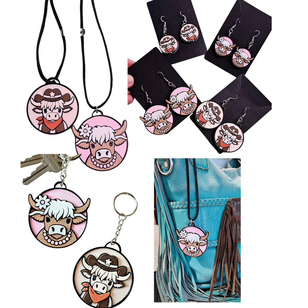 3d Western Cowgirl Cowboy Highland Cow Theme - Necklace, Purse Charm, Earrings, Keychain, Magnet Baha Ranch Western Wear
