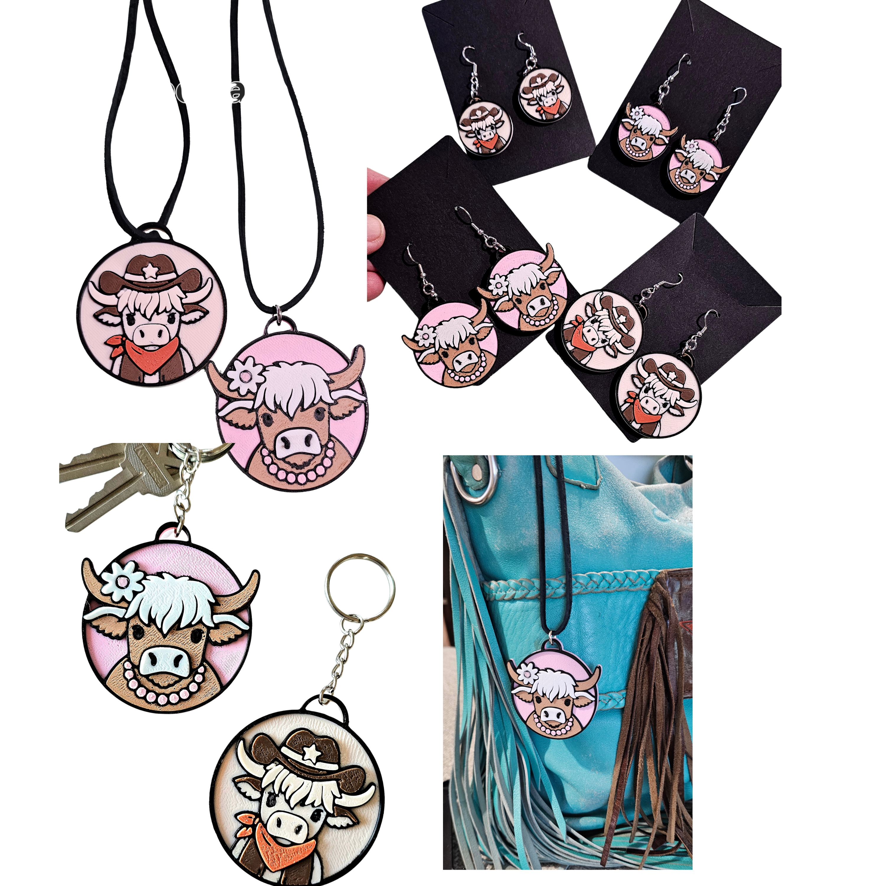 3d Western Cowgirl Cowboy Highland Cow Theme - Necklace, Purse Charm, Earrings, Keychain, Magnet Baha Ranch Western Wear
