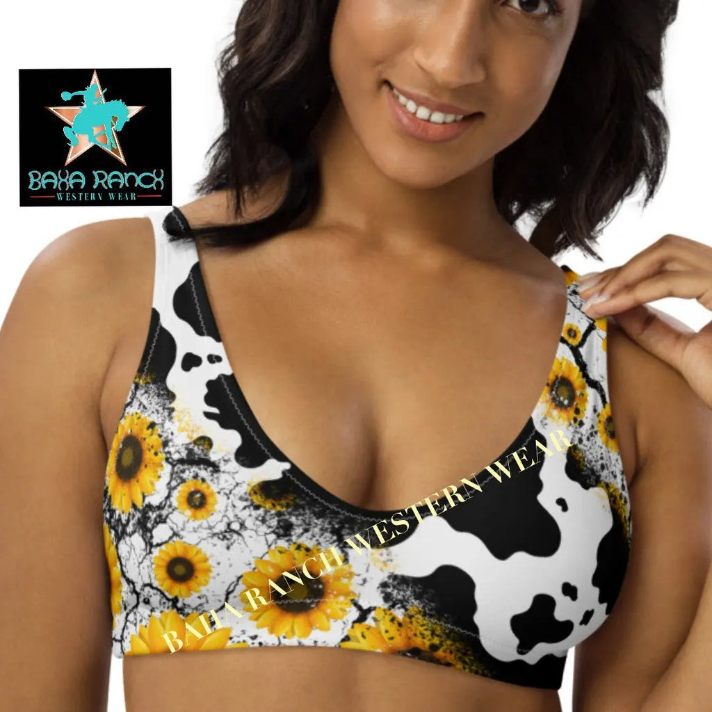Yeehaw Cow Print Sunflower Bikini Top Baha Ranch Western Wear