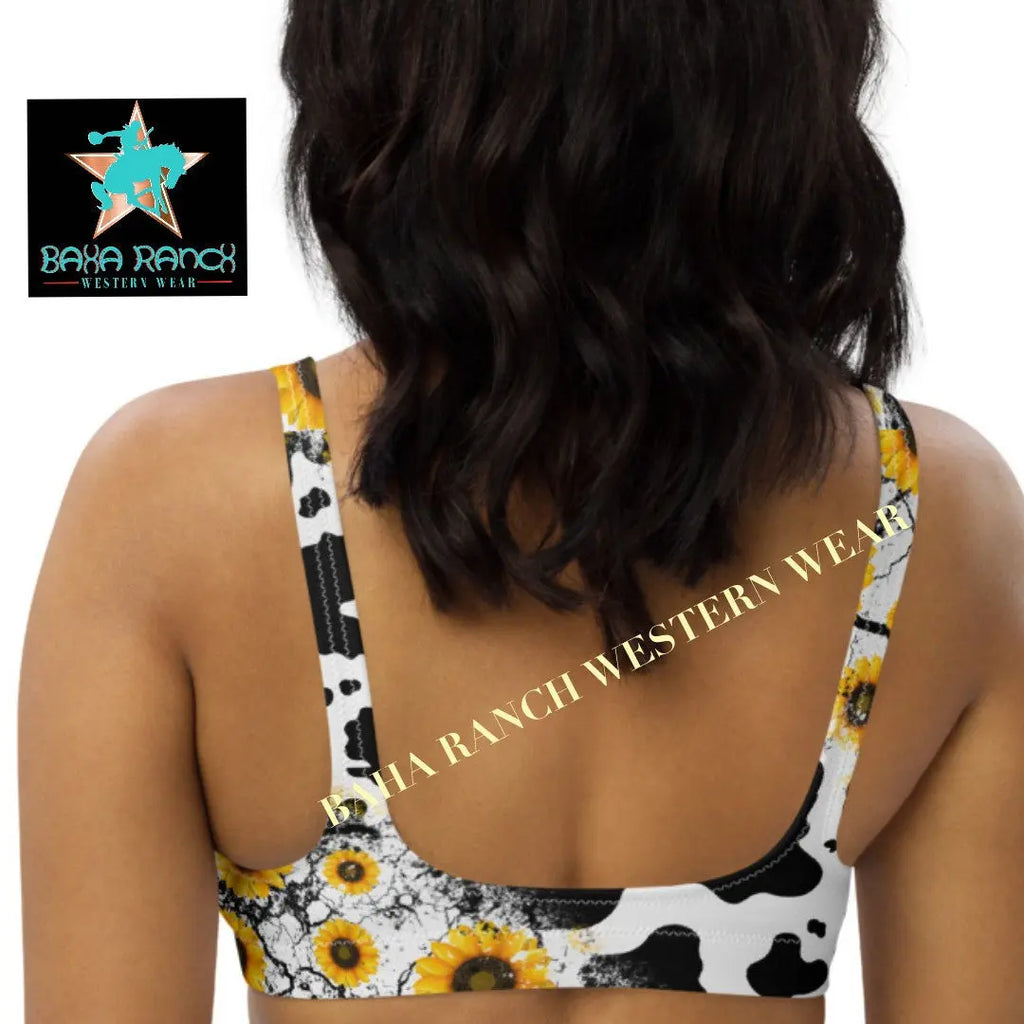 Yeehaw Cow Print Sunflower Bikini Top Baha Ranch Western Wear