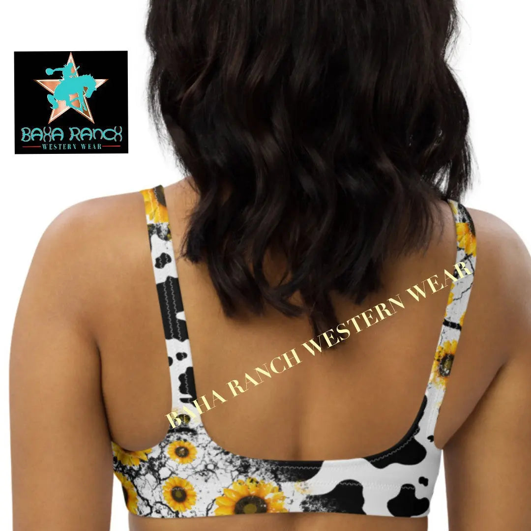 Yeehaw Cow Print Sunflower Bikini Top Baha Ranch Western Wear