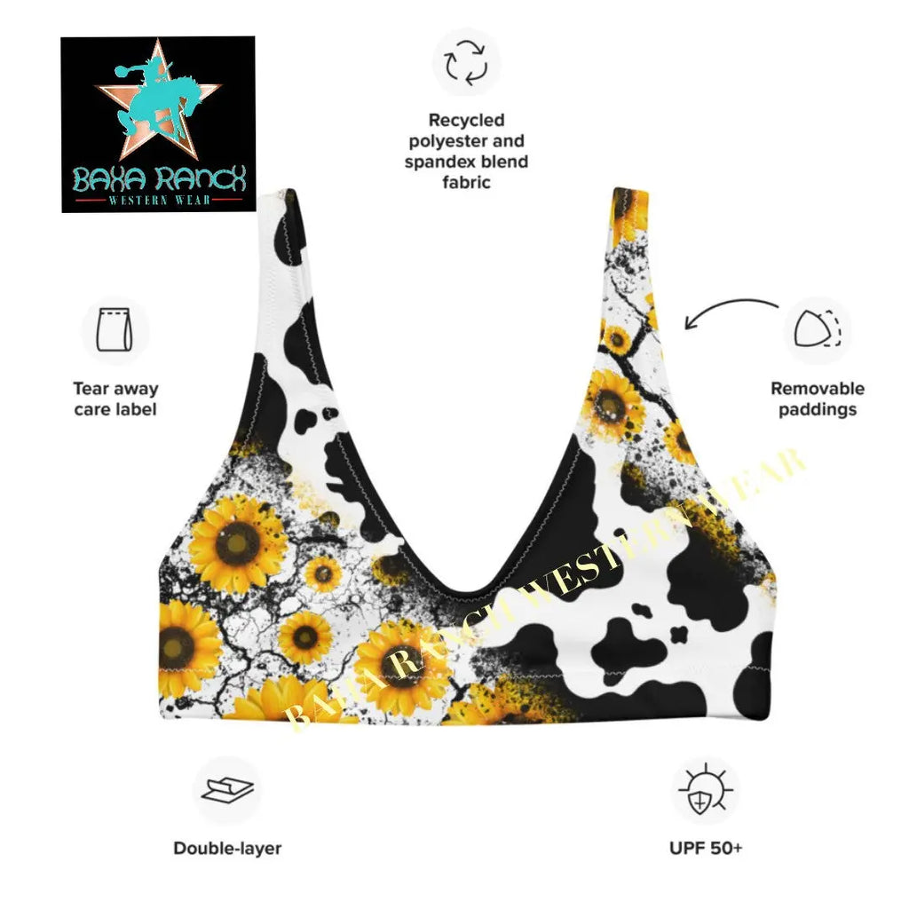 Yeehaw Cow Print Sunflower Bikini Top Baha Ranch Western Wear