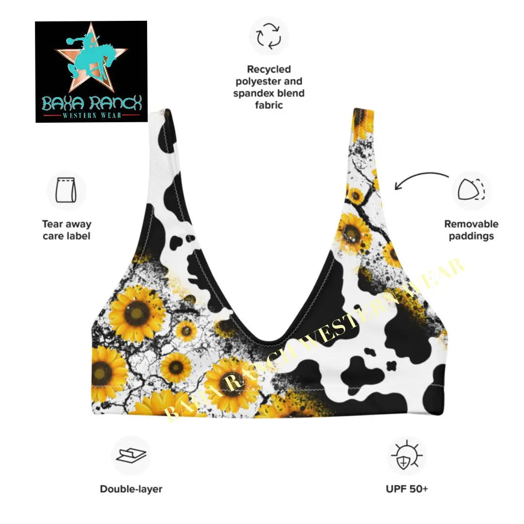 Yeehaw Cow Print Sunflower Bikini Top Baha Ranch Western Wear