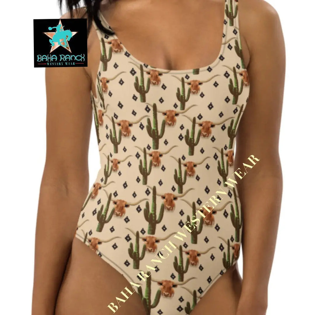 Yeehaw Longhorn Ranch Cactus One-Piece Swimsuit Baha Ranch Western Wear