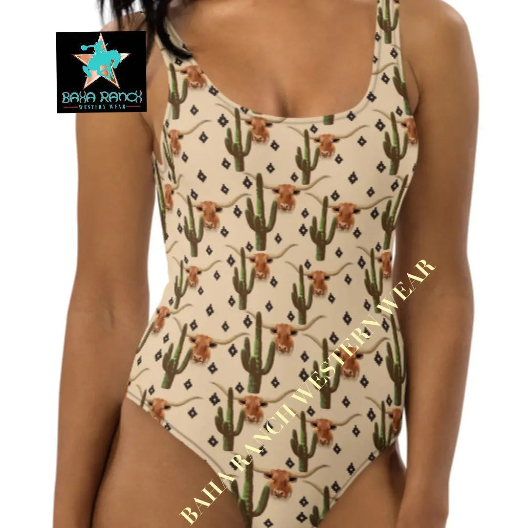 Yeehaw Longhorn Ranch Cactus One-Piece Swimsuit Baha Ranch Western Wear