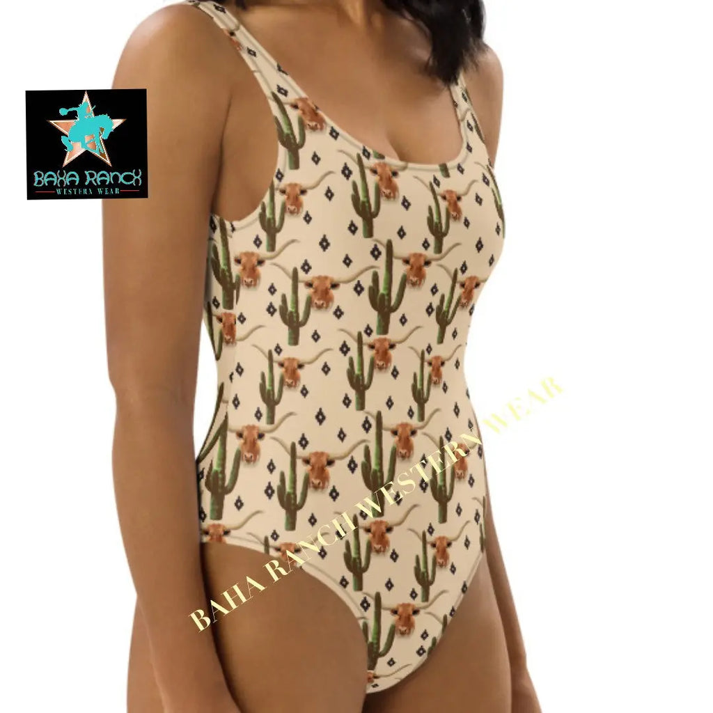 Yeehaw Longhorn Ranch Cactus One-Piece Swimsuit Baha Ranch Western Wear