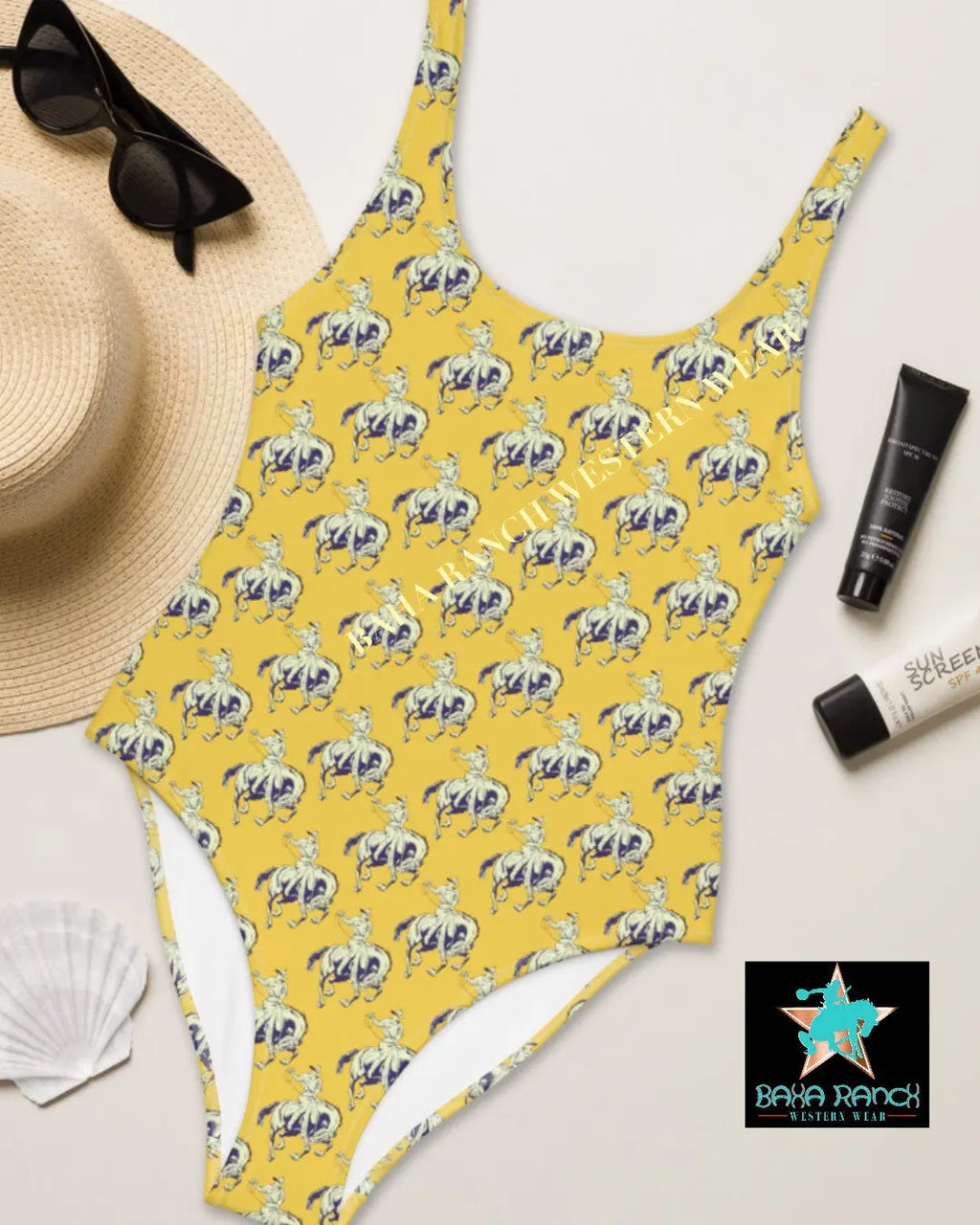 Yeehaw Vintage Bronc Buster One-Piece Swimsuit Baha Ranch Western Wear