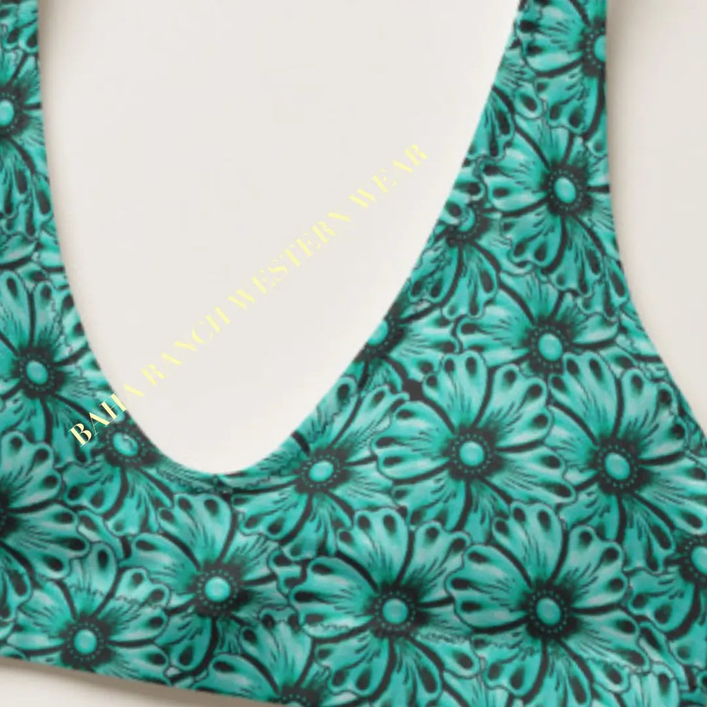 Baha Ranch Yeehaw Turquoise Floral Leather Print Bikini Baha Ranch Western Wear