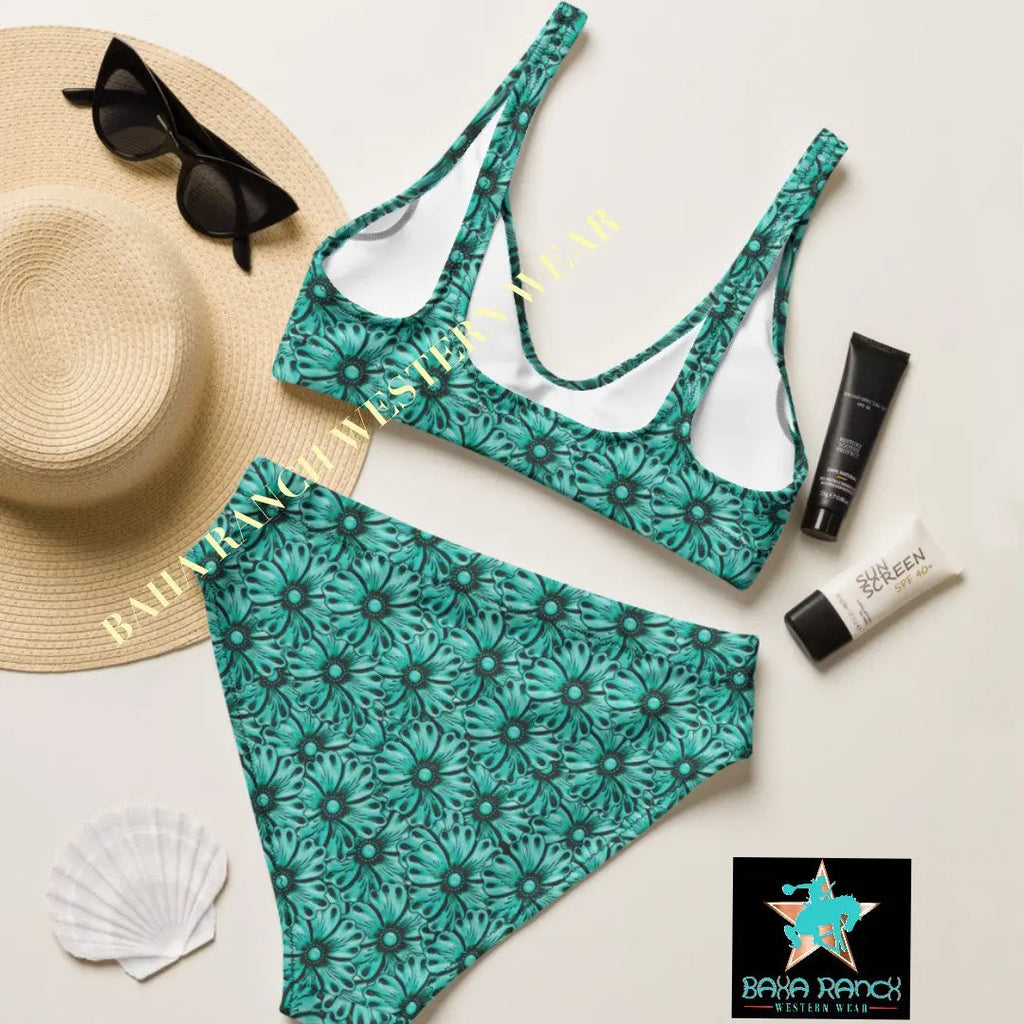 Baha Ranch Yeehaw Turquoise Floral Leather Print Bikini Baha Ranch Western Wear