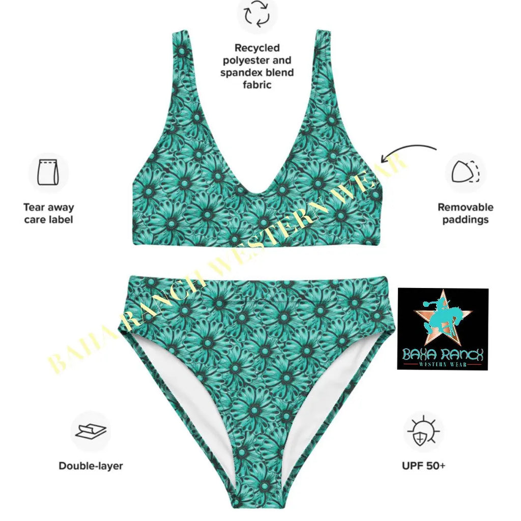 Baha Ranch Yeehaw Turquoise Floral Leather Print Bikini Baha Ranch Western Wear