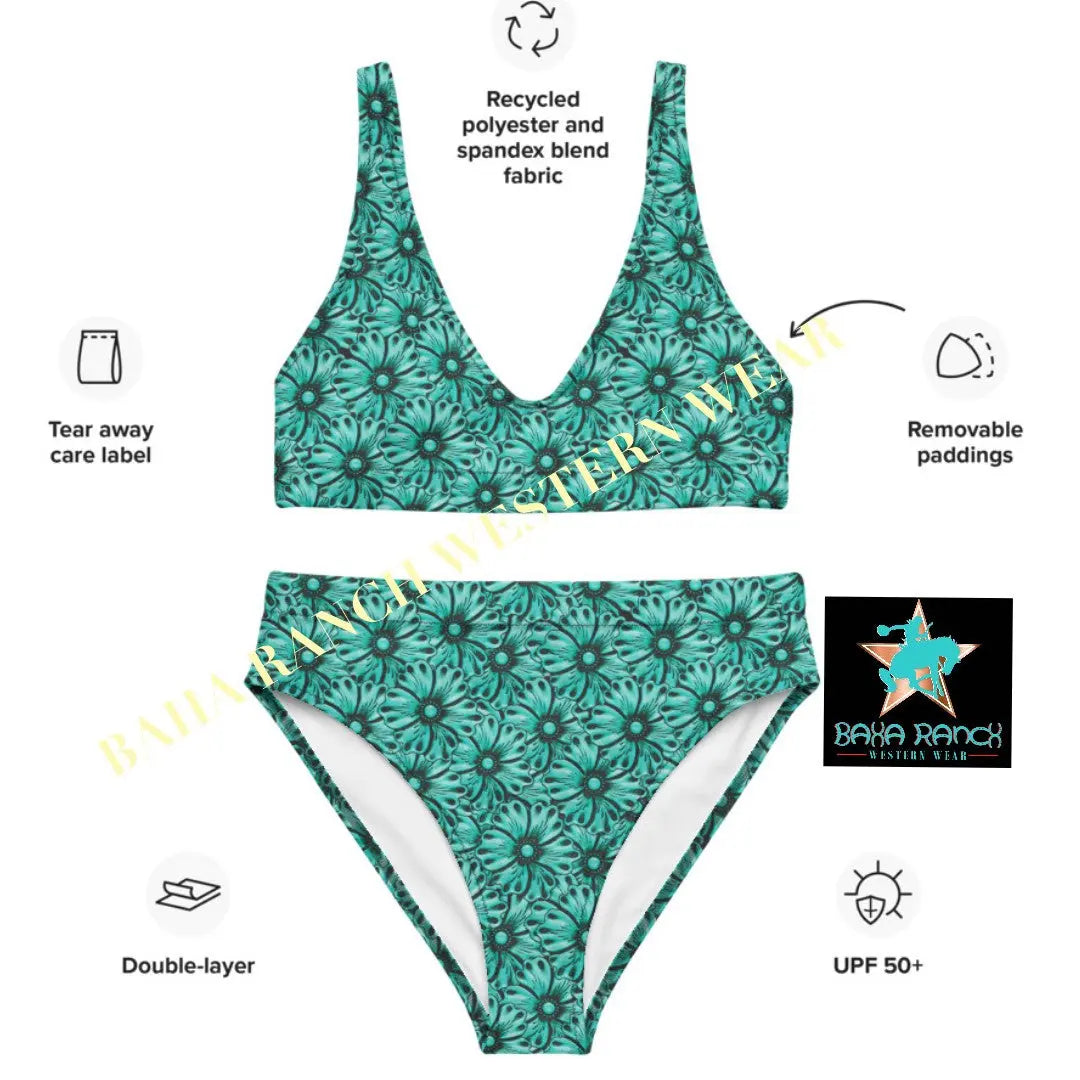 Baha Ranch Yeehaw Turquoise Floral Leather Print Bikini Baha Ranch Western Wear