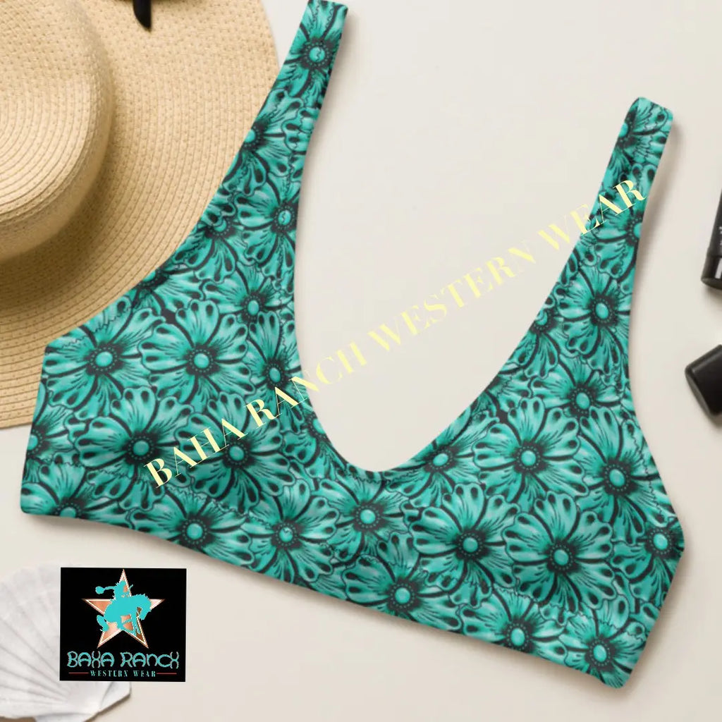 Baha Ranch Yeehaw Turquoise Floral Leather Print Bikini Top Baha Ranch Western Wear