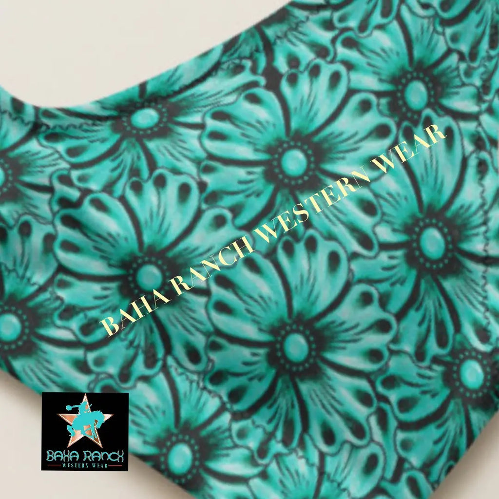 Baha Ranch Yeehaw Turquoise Floral Leather Print Bikini Top Baha Ranch Western Wear