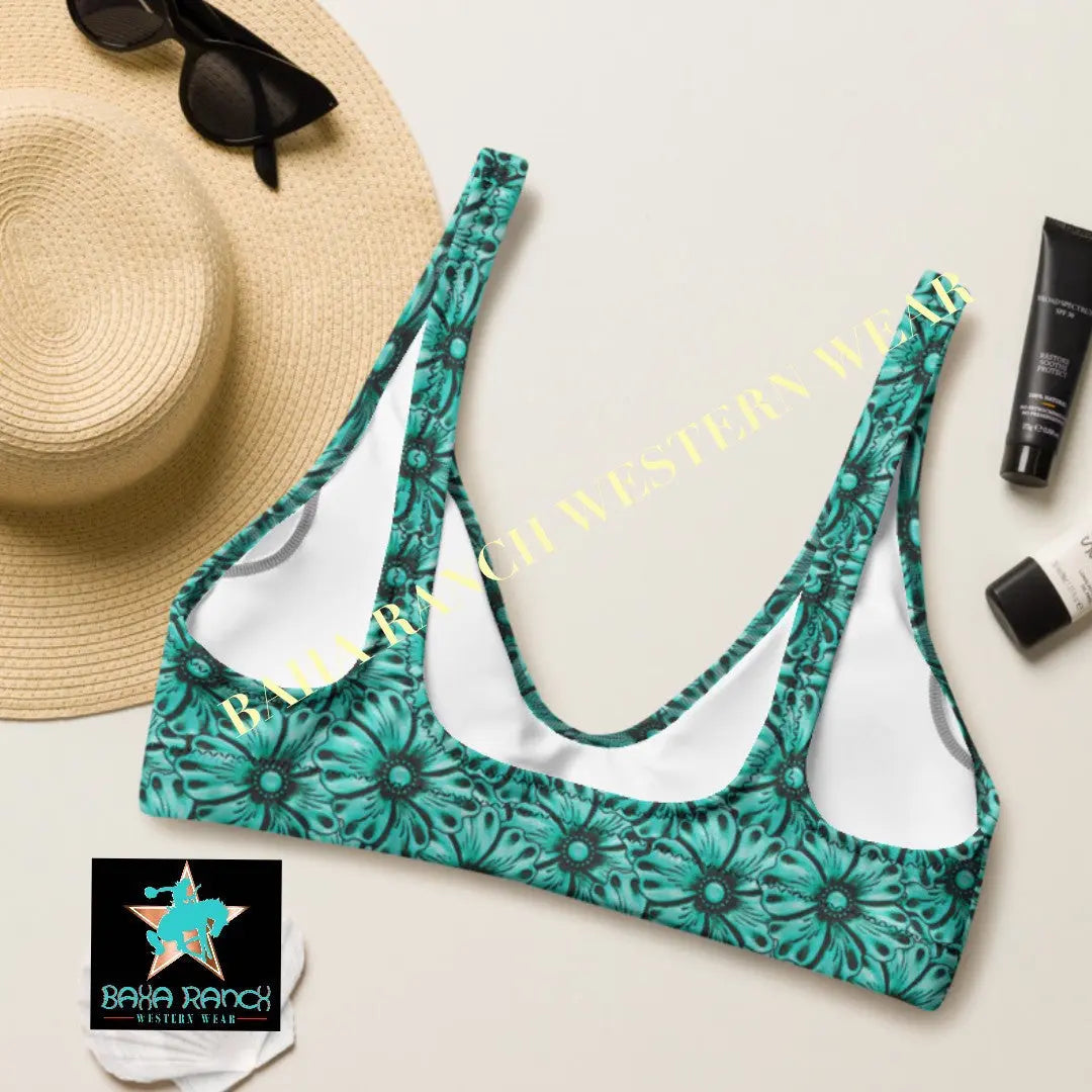 Baha Ranch Yeehaw Turquoise Floral Leather Print Bikini Top Baha Ranch Western Wear