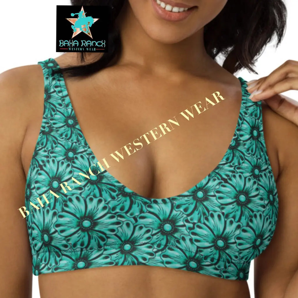 Baha Ranch Yeehaw Turquoise Floral Leather Print Bikini Top Baha Ranch Western Wear