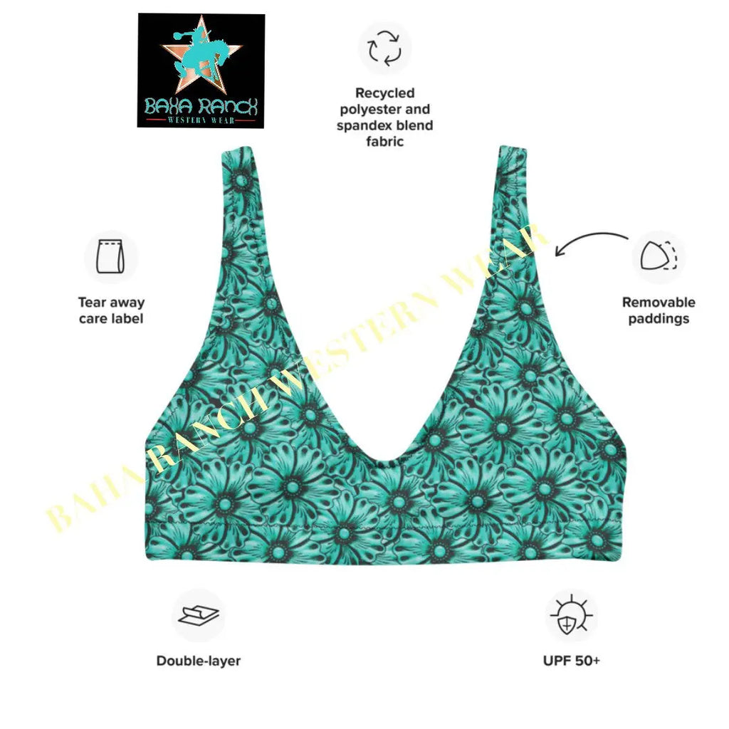 Baha Ranch Yeehaw Turquoise Floral Leather Print Bikini Top Baha Ranch Western Wear