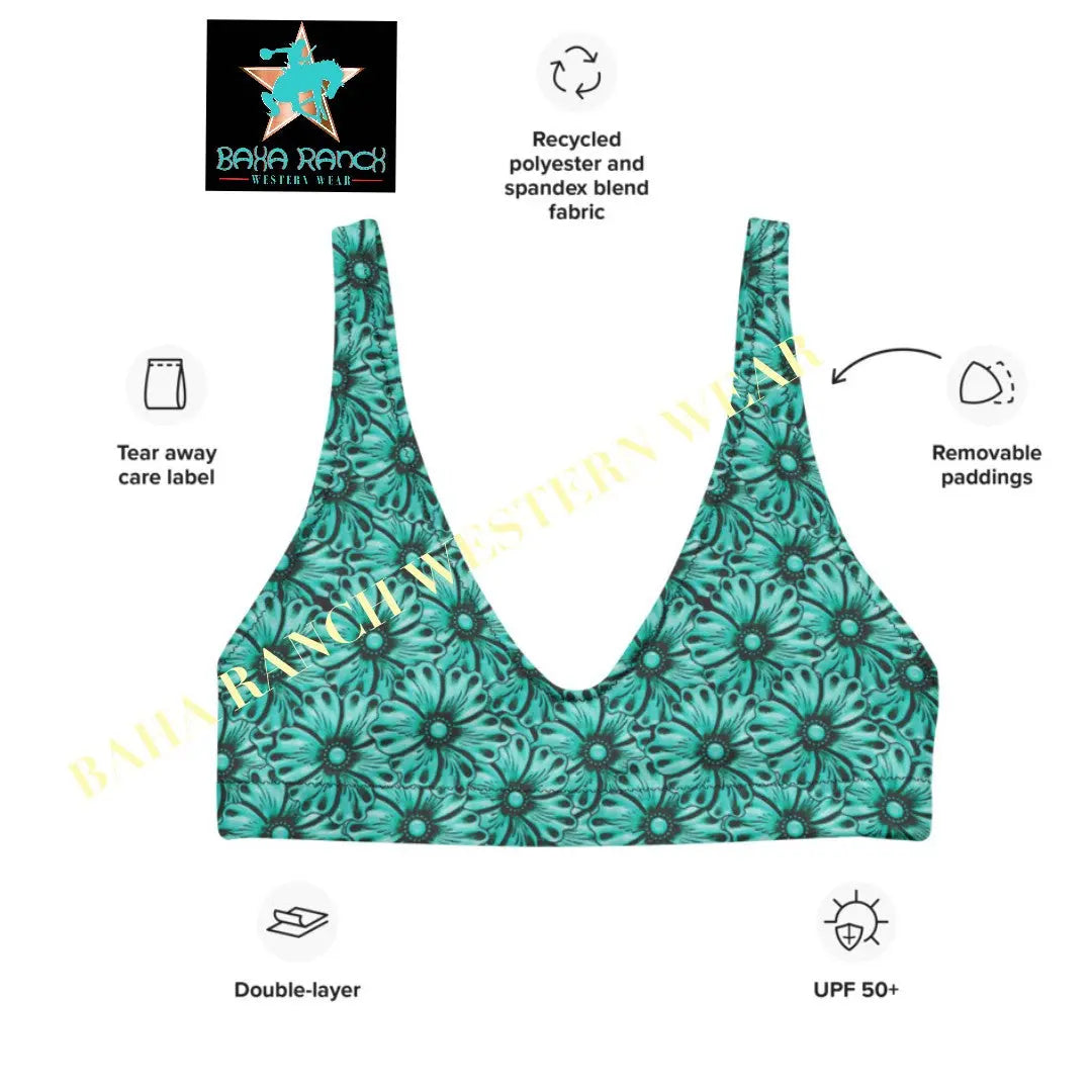 Baha Ranch Yeehaw Turquoise Floral Leather Print Bikini Top Baha Ranch Western Wear