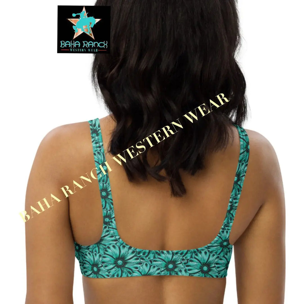 Baha Ranch Yeehaw Turquoise Floral Leather Print Bikini Top Baha Ranch Western Wear