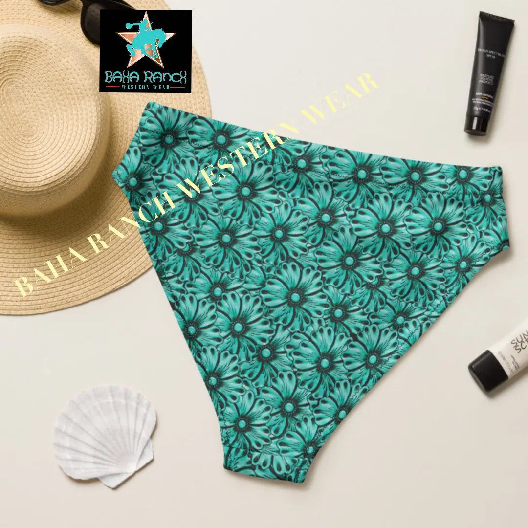 Baha Ranch Yeehaw Turquoise Floral Leather Print Bikini Bottom Baha Ranch Western Wear
