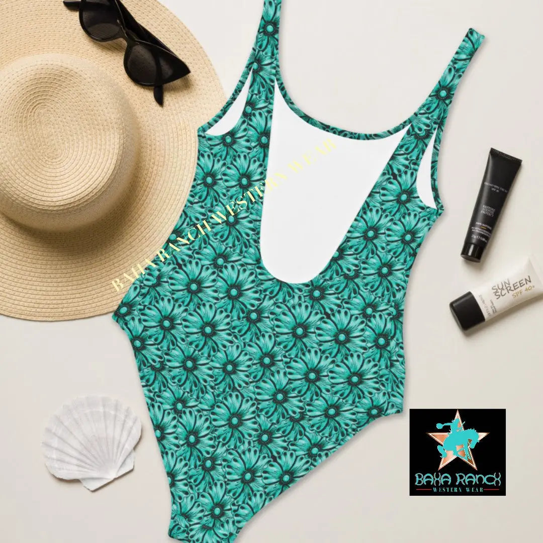 Baha Ranch Yeehaw Turquoise Floral Leather Print One-Piece Swimsuit Baha Ranch Western Wear