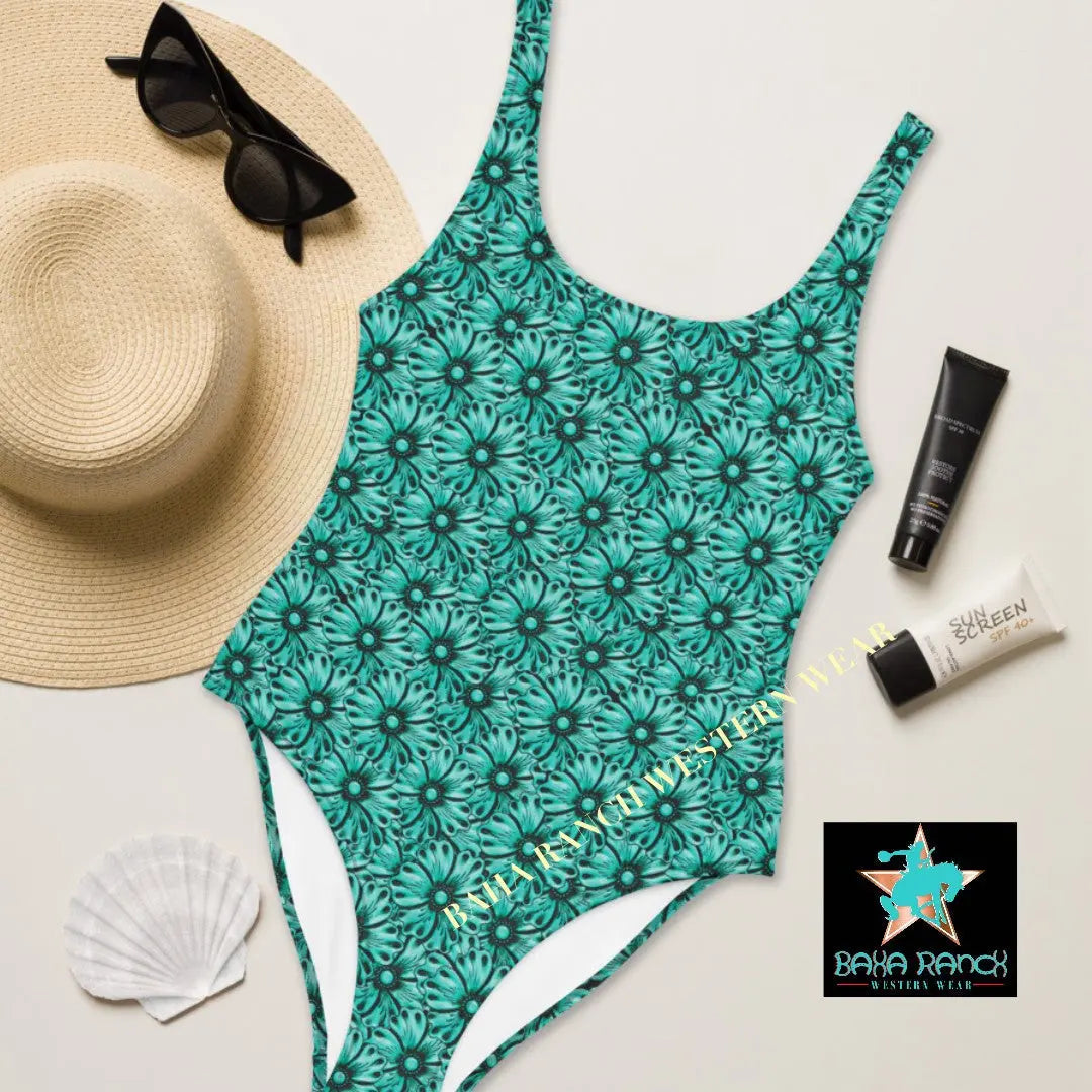 Baha Ranch Yeehaw Turquoise Floral Leather Print One-Piece Swimsuit Baha Ranch Western Wear