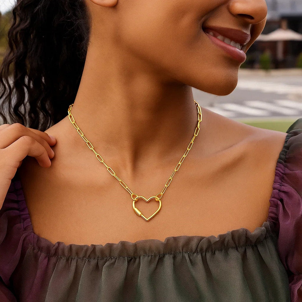 14k Yellow Gold Paperclip Chain Necklace with Heart Carabiner Clasp