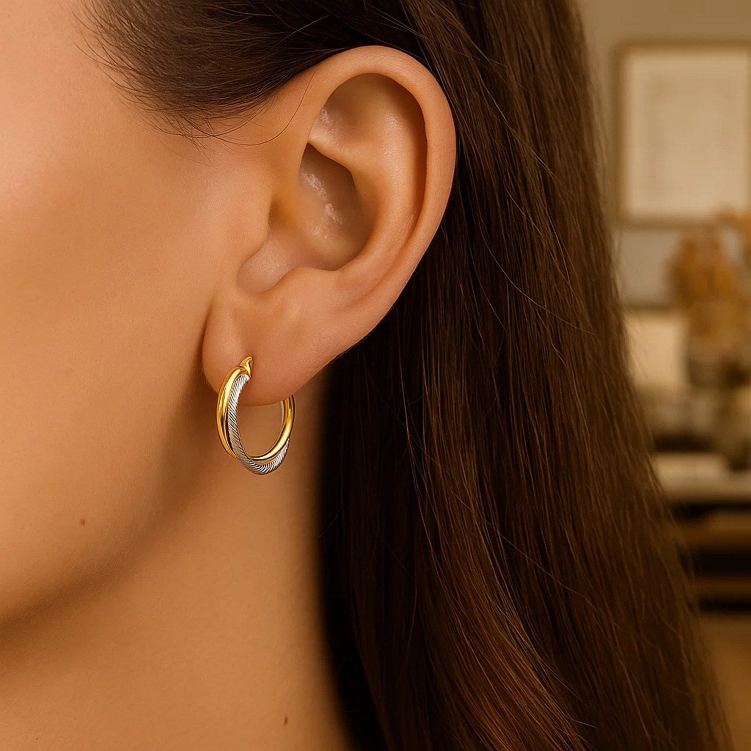 14k Two Tone Gold Double Polished and Textured Hoop Earrings