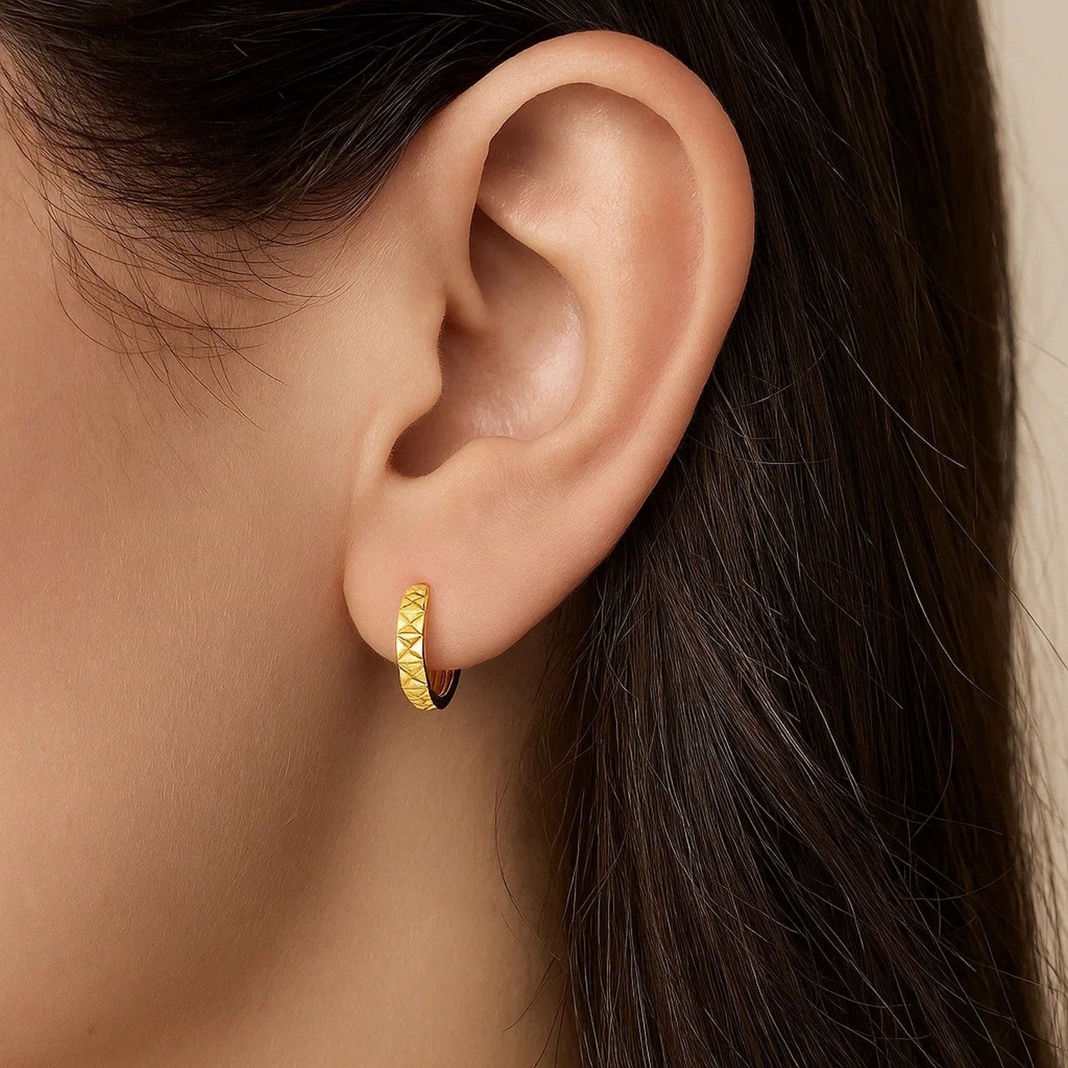 14k Yellow Gold Petite Round Hoop Earrings with Geometric Texture