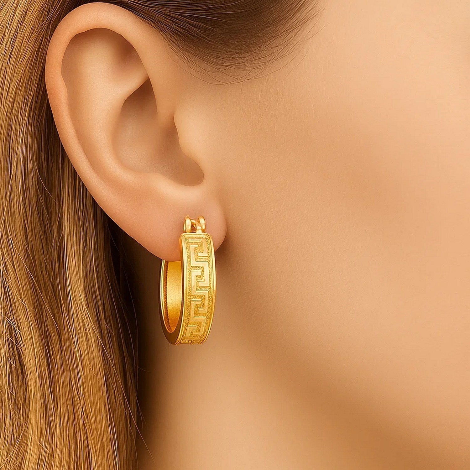 14k Yellow Gold Greek Key Small Hoop Earrings