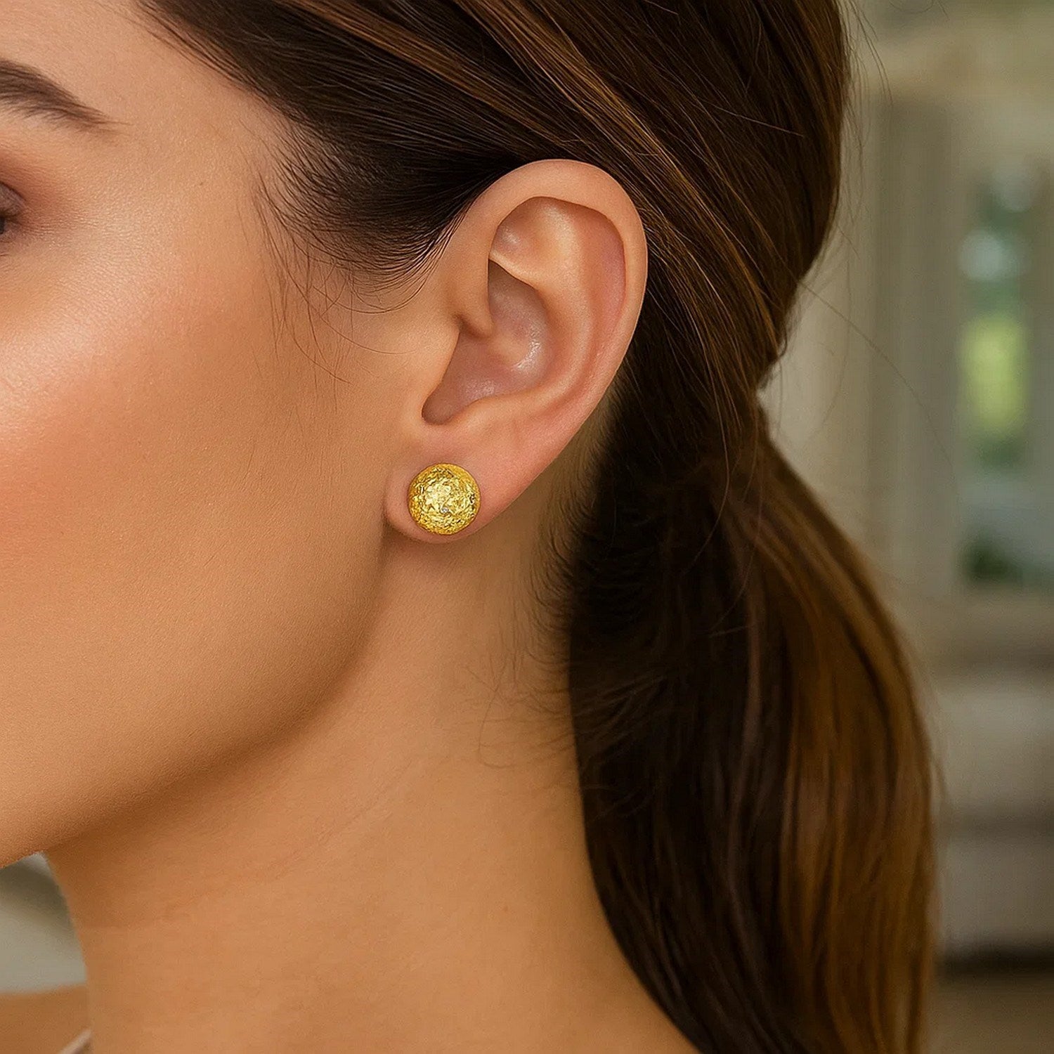 14k Yellow Gold Puff Round Earrings with Diamond Cuts(11mm)
