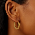 14k Yellow Gold Greek Key Medium Hoop Earrings with Flat Sides