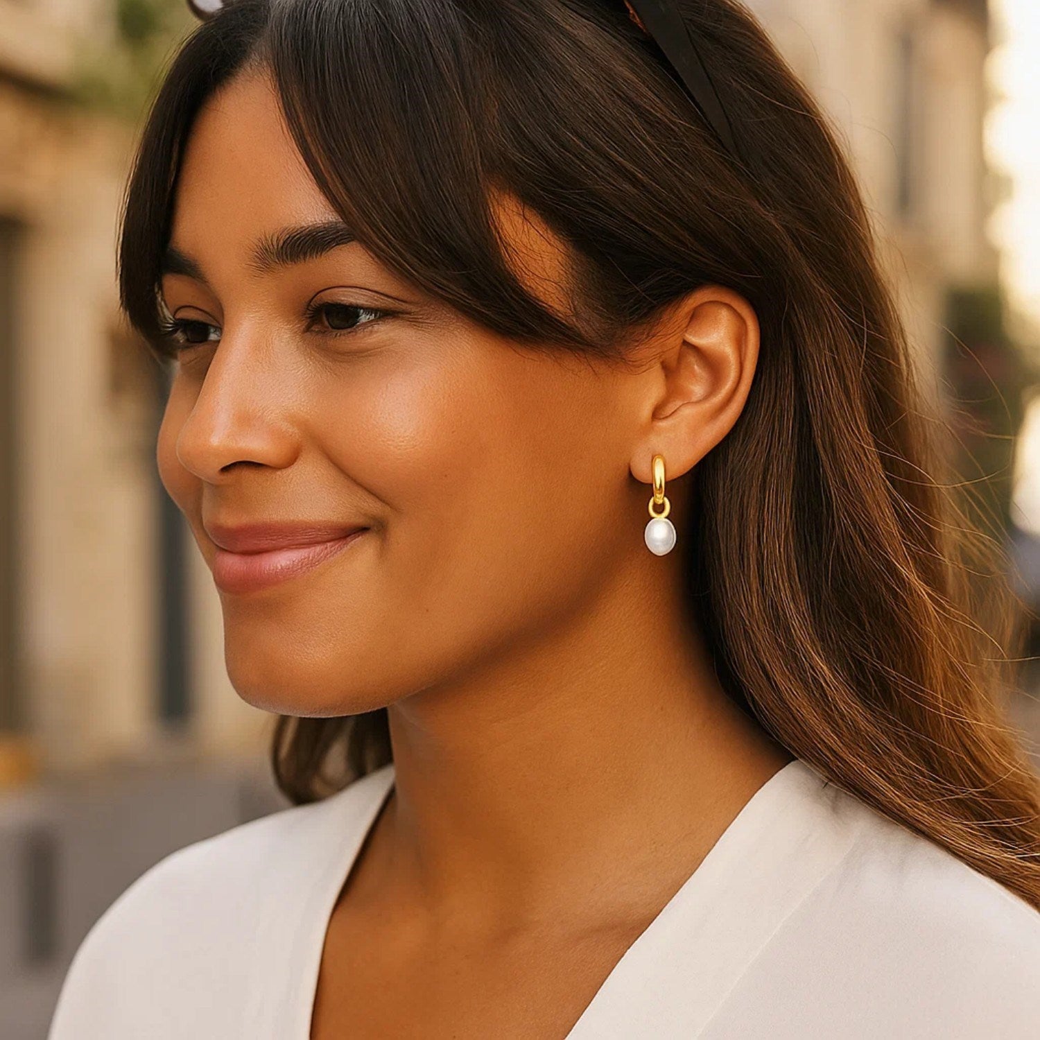 14k Yellow Gold Small Hoop Earrings with Pearls
