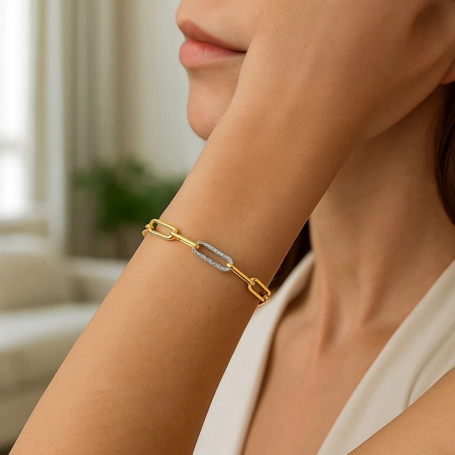 14k Yellow Gold inch Paperclip Chain Bracelet with Three Diamond Links (2.00 mm)