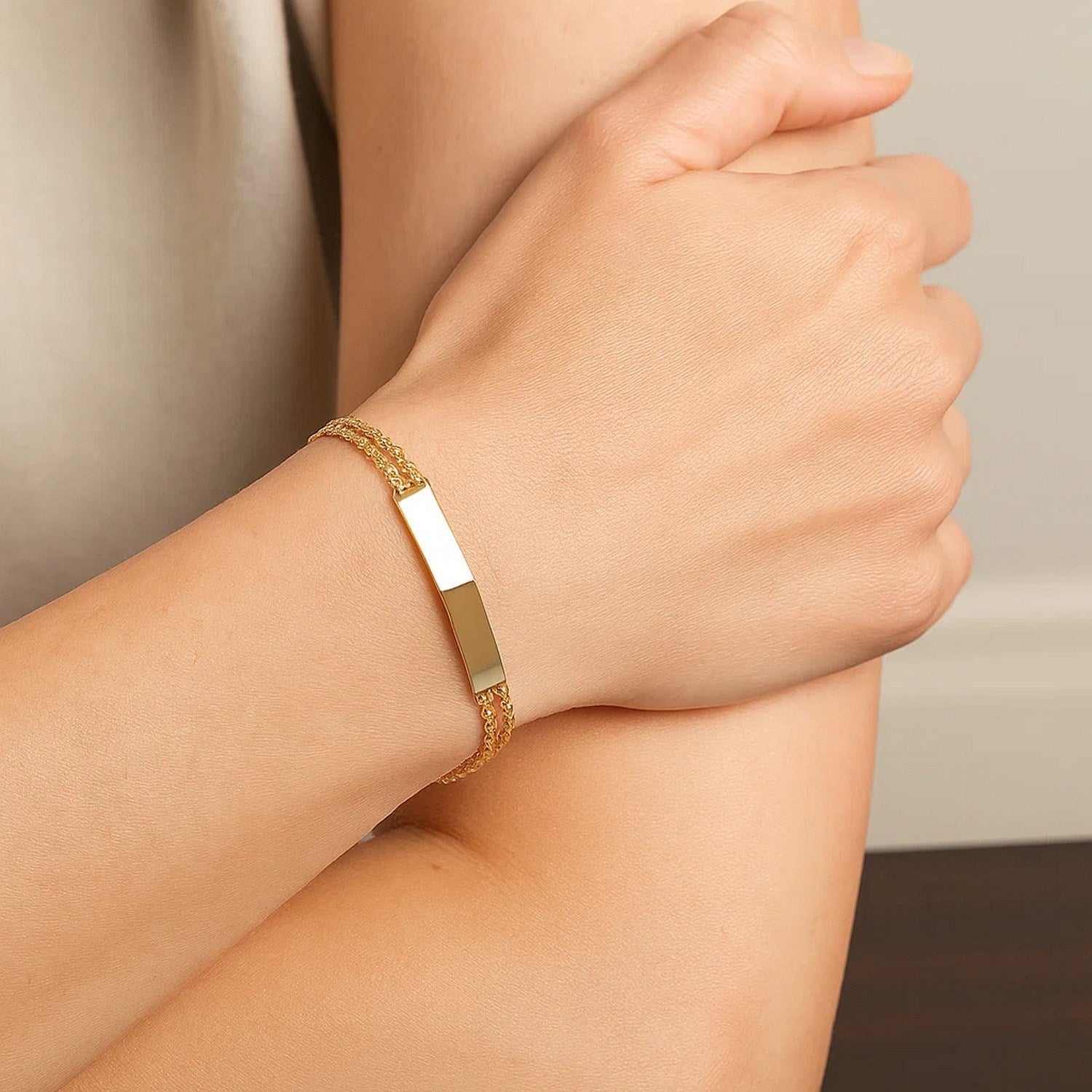 14k Yellow Gold ID Bracelet with Double Rope Chain (3.00 mm)
