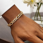 14k Yellow Gold White Pave High Polish Modern Lite Figaro Bracelet  (9.50 mm)