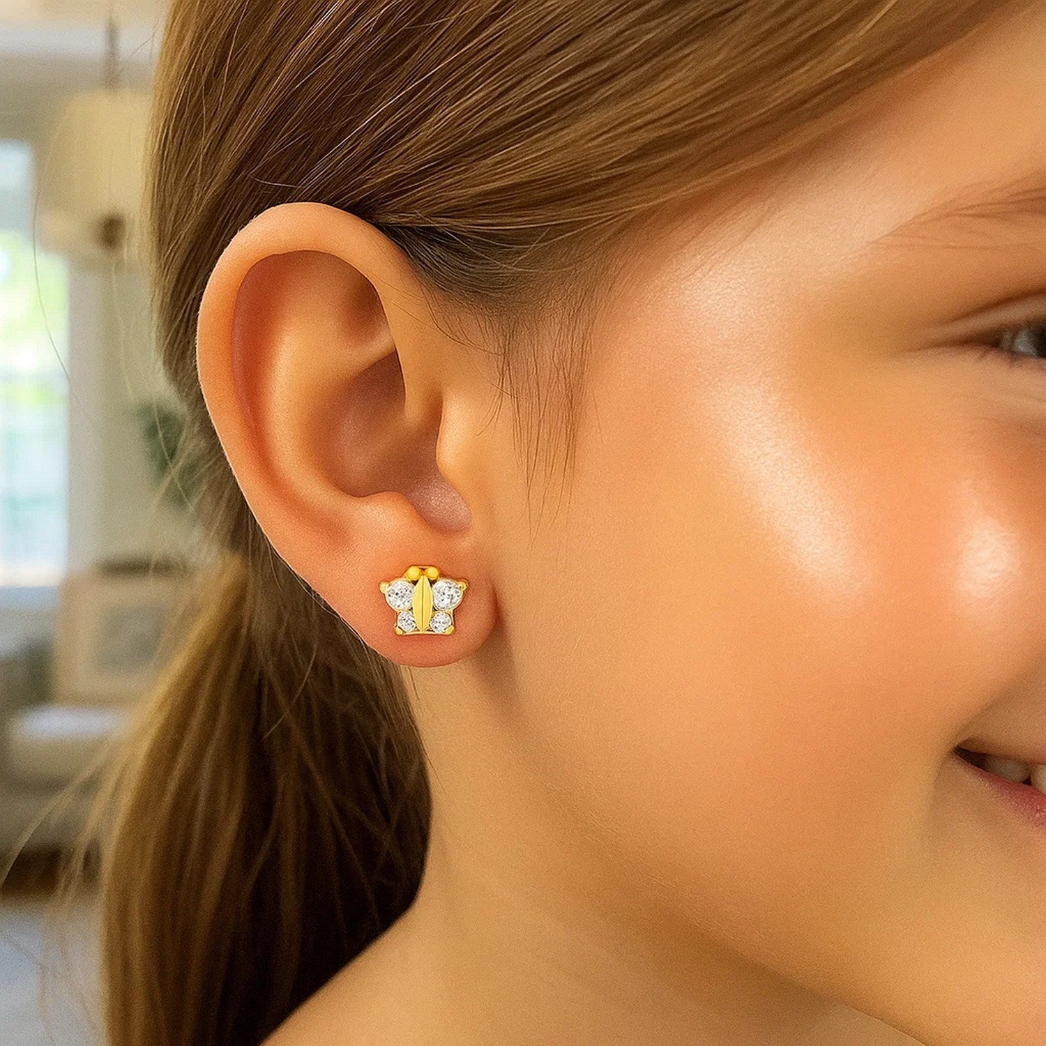 14k Yellow Gold Butterfly Childrens Earrings