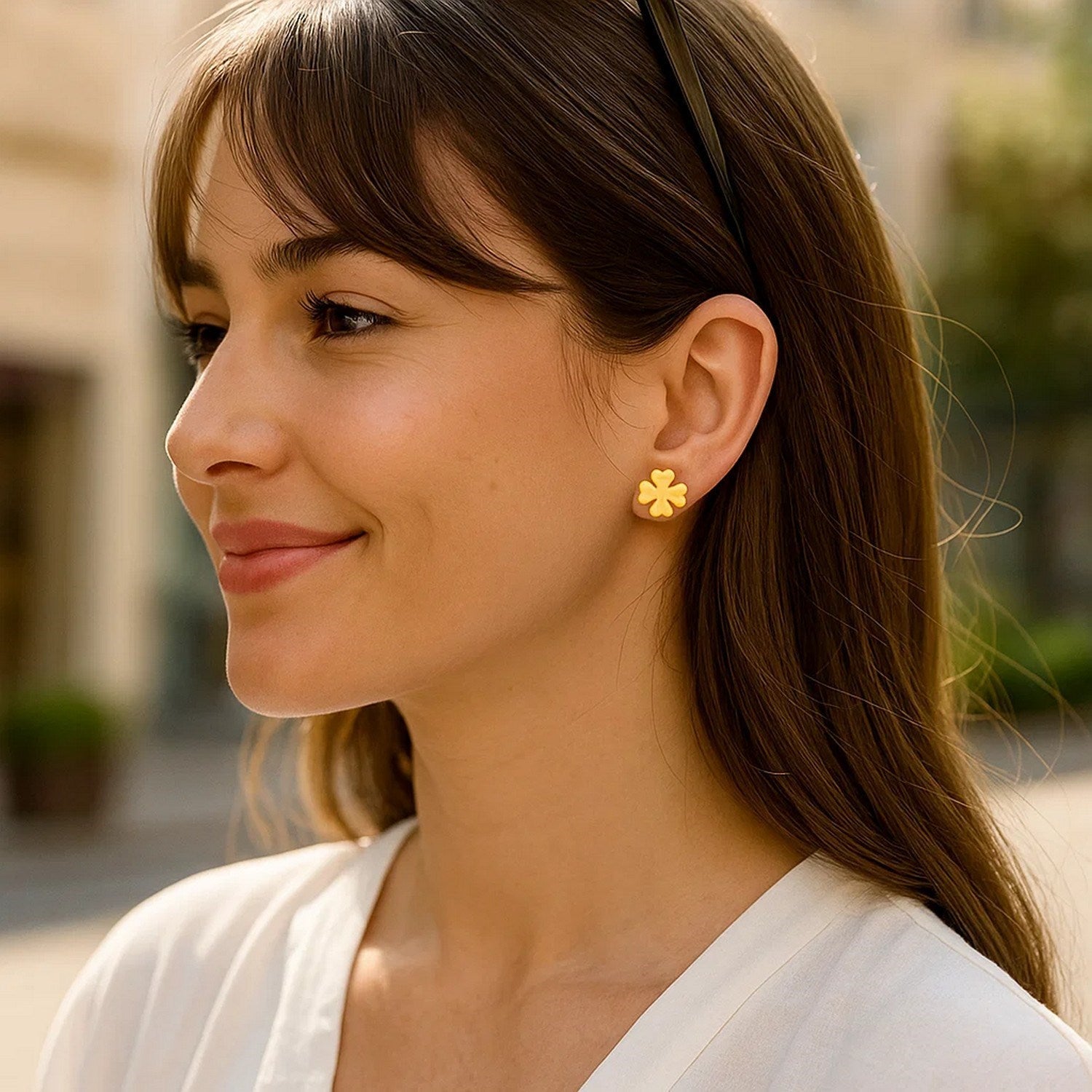 14K Yellow Gold Four Leaf Clover Earrings(10mm)