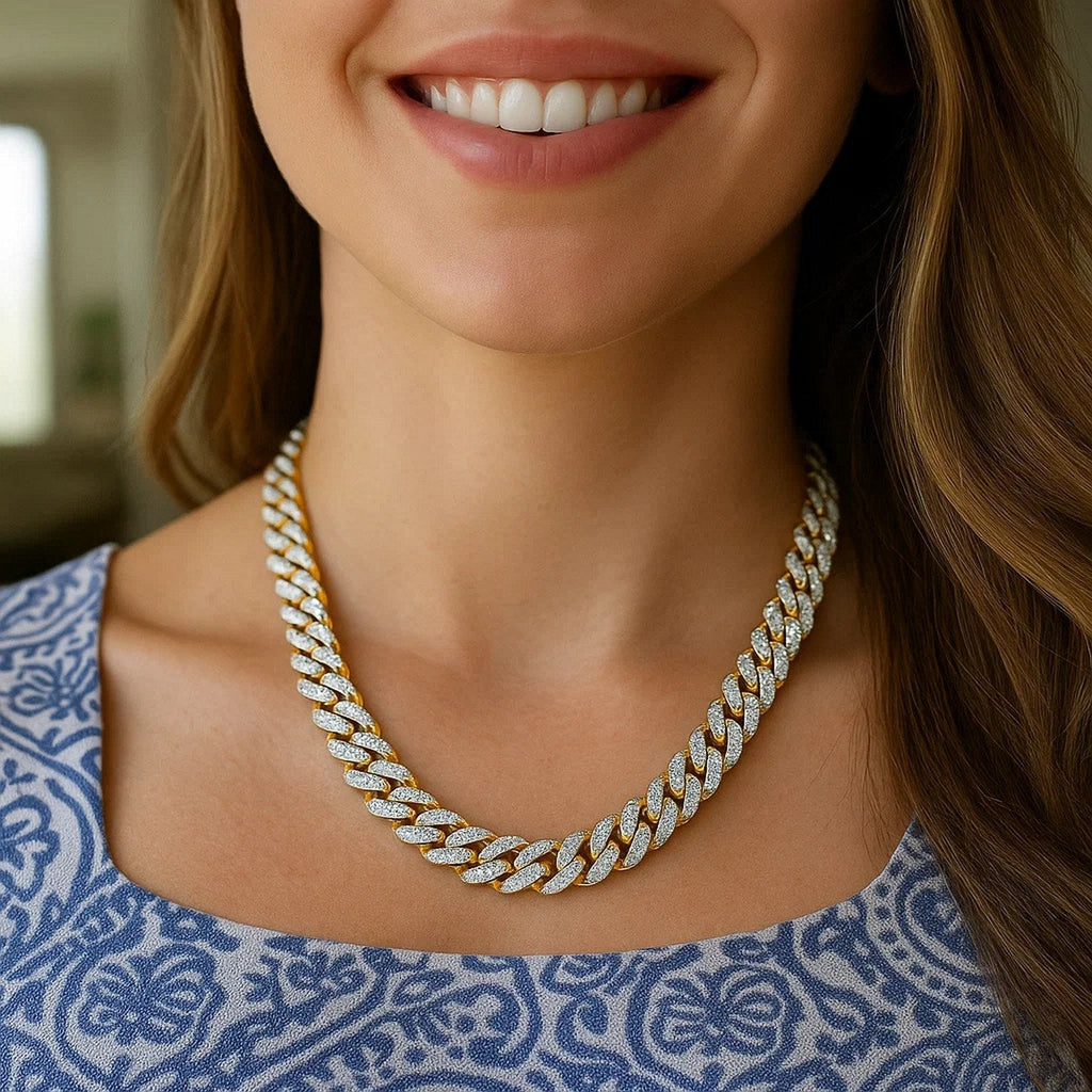 14k Two Tone Gold Miami Cuban Chain Necklace with White Pave