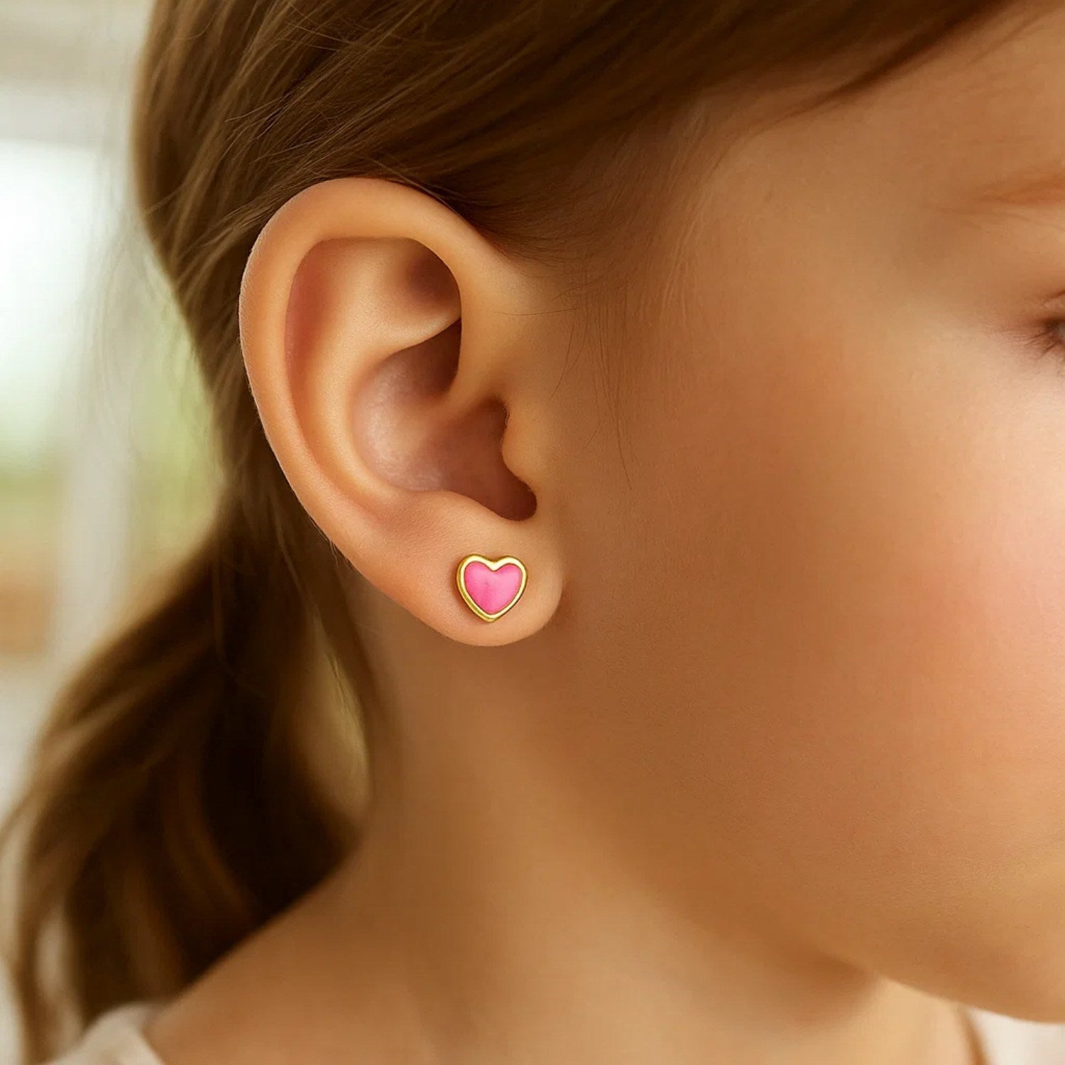 14k Yellow Gold and Enamel Pink Heart Stud Earrings