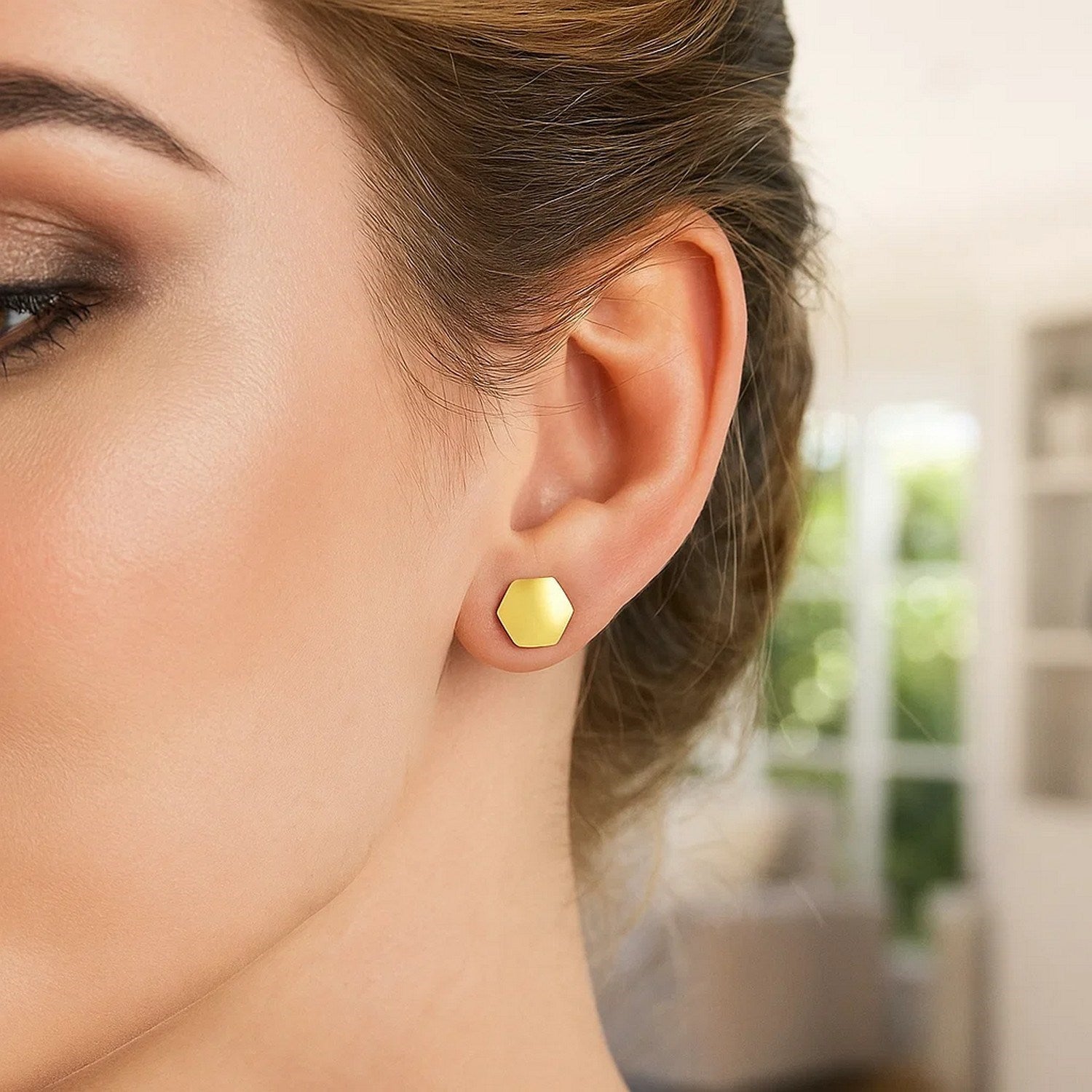14k Yellow Gold Hexagon Stud Earrings