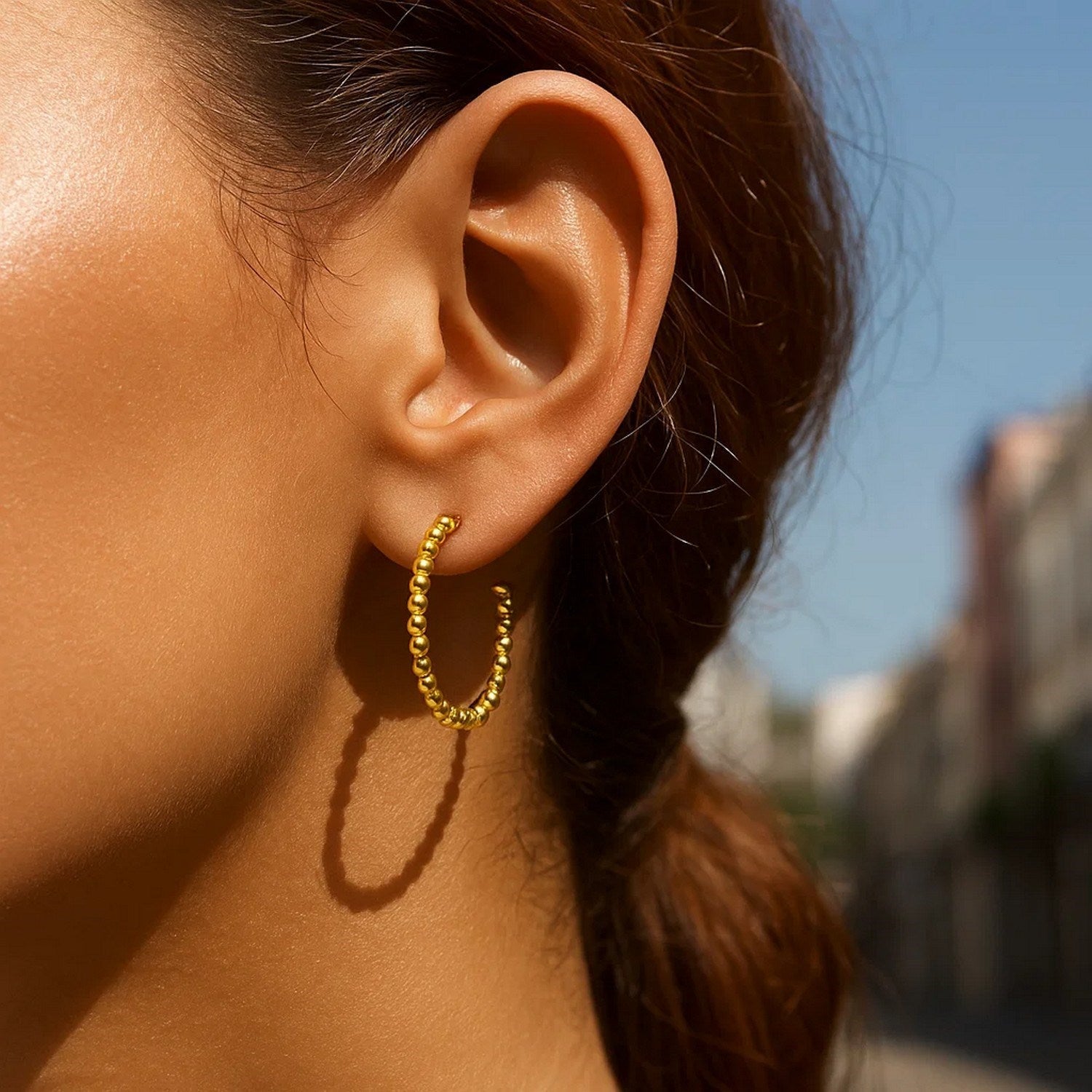 14K Yellow Gold Bead Hoop Earrings(2x23.4nn)