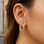 14k Two-Tone Gold Hoop Earrings with Textured Style(2.5x15mm)