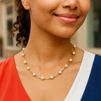 14k Yellow Gold Arc Link Necklace with White Pearls