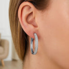 14k White Tone Gold Hoop Style Earrings with Center Glitter Look Design(4x30mm)