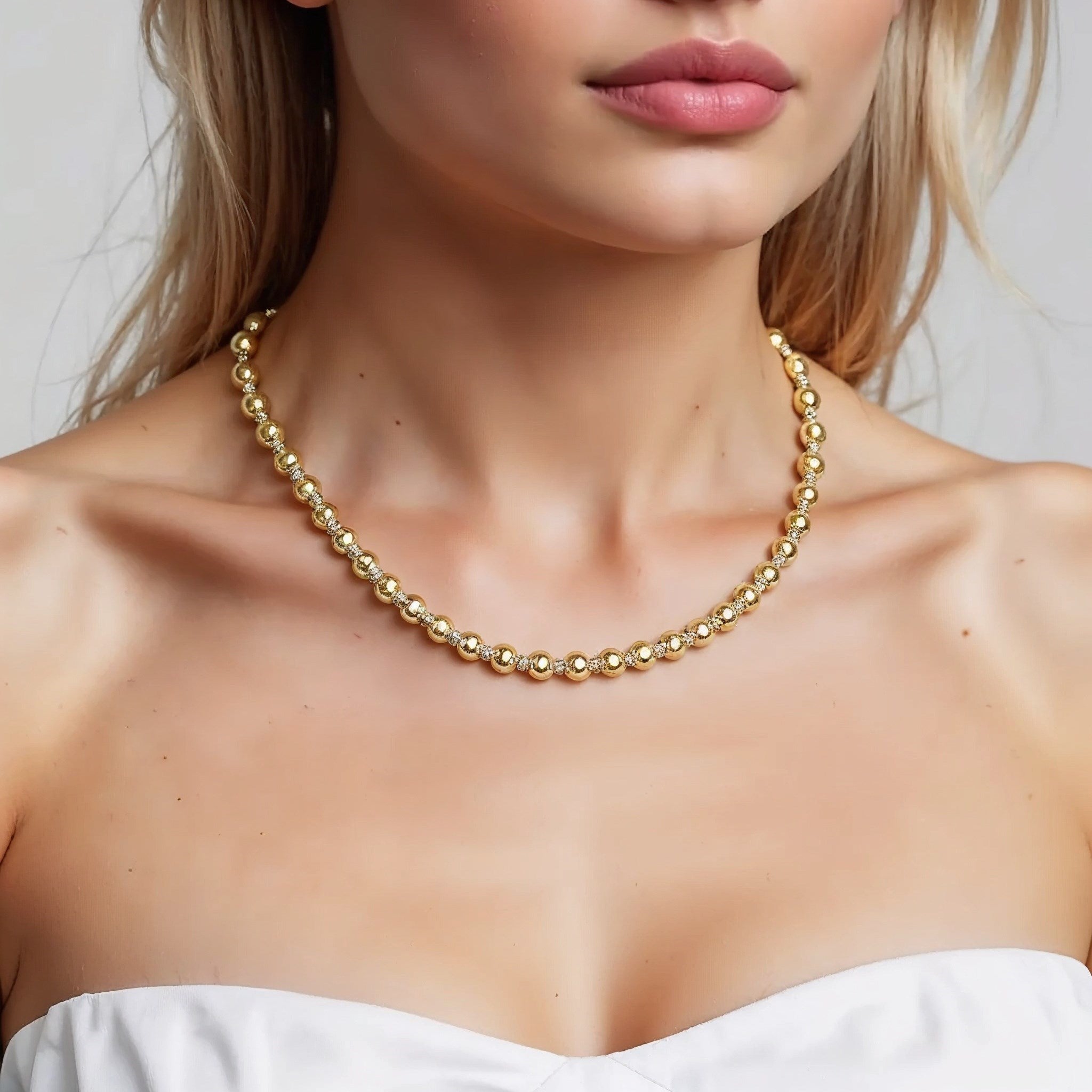 Two Tone Beaded Chain Necklace in 14K Gold