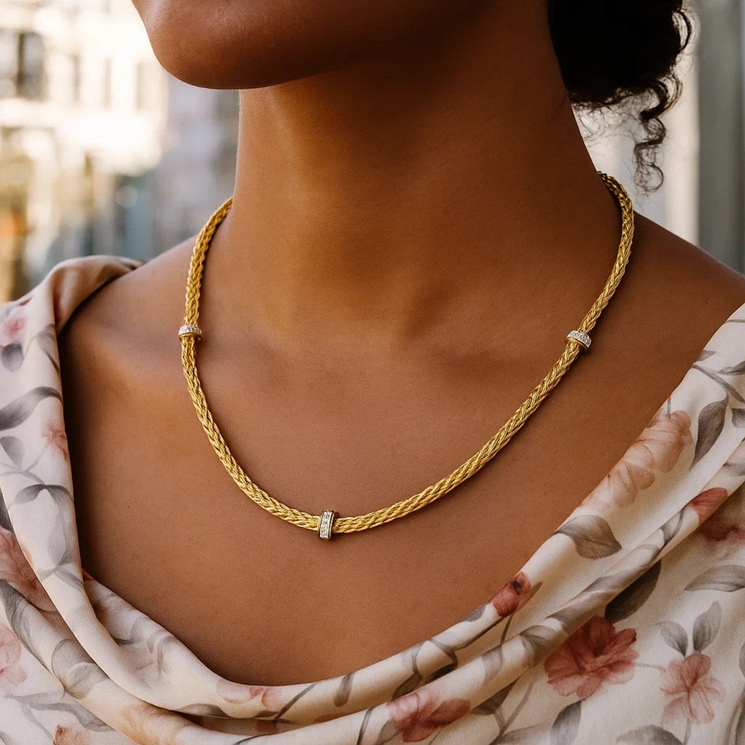 Woven Rope Necklace with Diamond Accents in 14k Yellow Gold