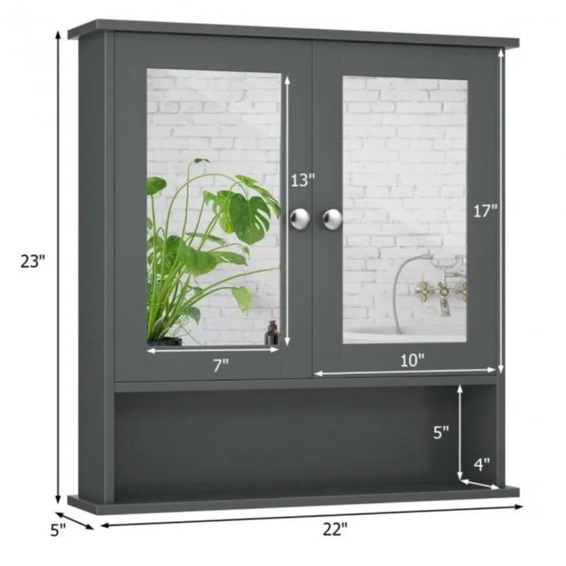 Grey Wood Bathroom Wall / Medicine Cabinet with Mirrored Doors and Shelf